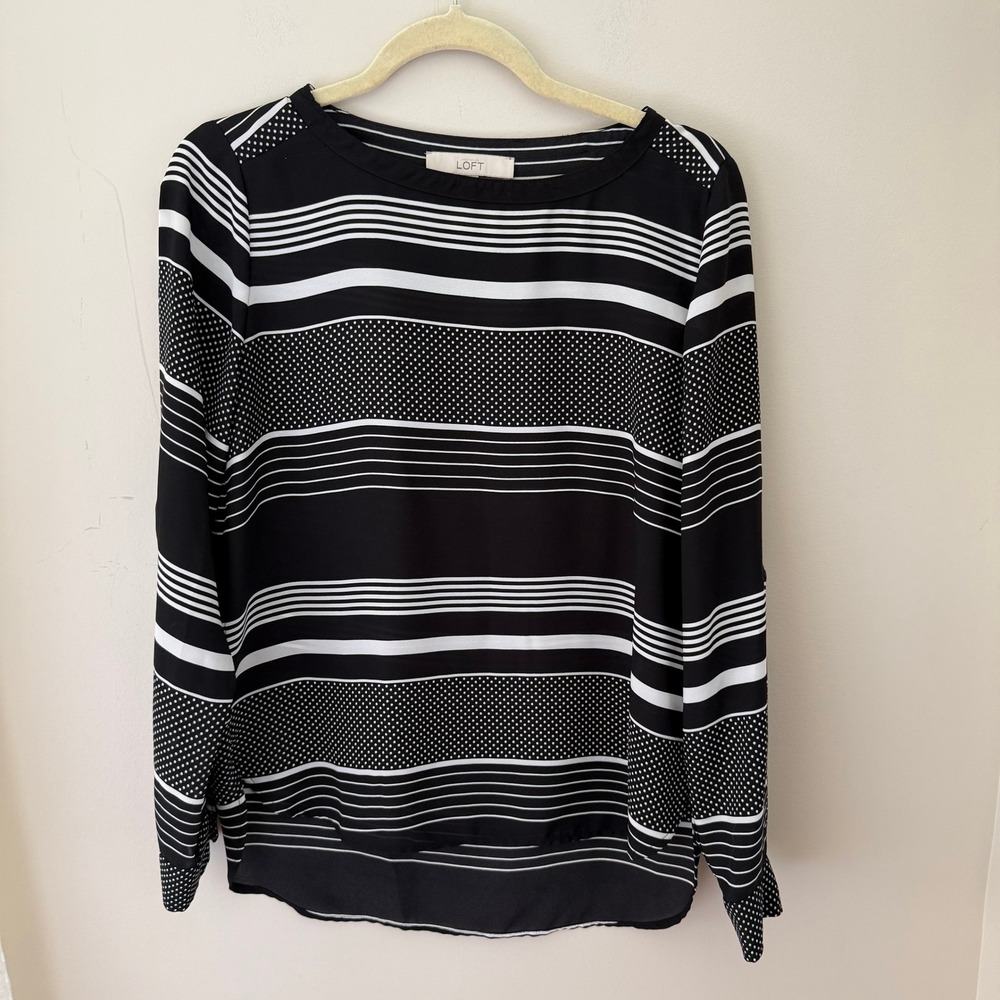 LOFT Blouse Top Small S Black White‎ Striped Polka Dot Long Sleeve Career Casual